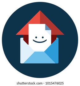 Blue flat icon. Open envelope and message object with red house element and smile sign. Emailing concept white
background. Spam and sms writing.Lettering. 