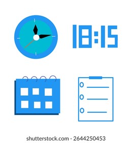 Blue flat icons of analog clock, digital time, calendar, and checklist on white background. Perfect for time and task management visuals