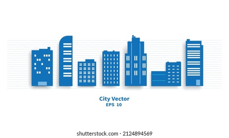 blue flat illustration of city building vector, skyscraper urban design graphic background