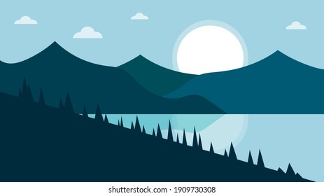Blue flat landscape with mountains and sun