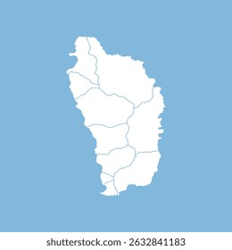 Blue flat map of Dominica with division to region. Dominica map isolated on white background. Vector illustration