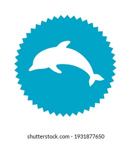 Blue flat round icon with silhouette of playing dolphin. Summer resort and entertainment symbol. Vector isolated illustration