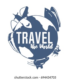 blue flat round logo about traveling with different kinds of transport on a symbolic earth