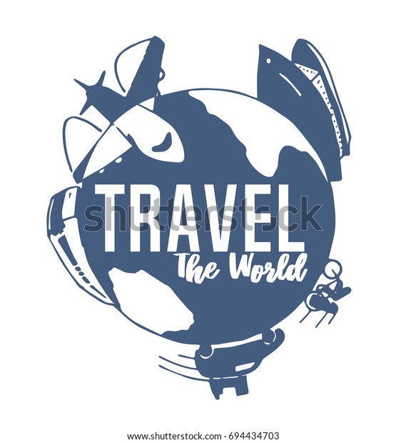 blue flat round logo about traveling\
with different kinds of transport on a symbolic\
earth