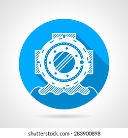 Blue flat round vector icon with white contour heavy helmet for scuba diving on gray  background. Long shadow design
