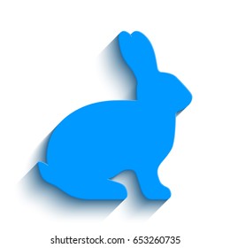 Blue flat side silhouette of a rabbit with long shadow isolated on white background. Vector EPS10