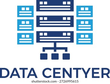 Ilustração de data center de estilo plano azul para computação em nuvem e infraestrutura de TI, conceito de diagrama de rede de rack de servidor para armazenamento de dados de Big Data e serviços de hospedagem