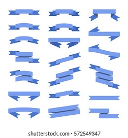 Blue Flat Style Ribbons Banners Set. Vector
