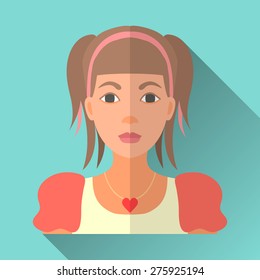Blue flat style square shaped female character icon with shadow. Illustration of a cute little girl with brown middle length hair wearing a beautiful dress and heart-shaped pendant.