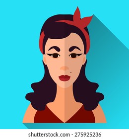 Blue flat style square shaped female character icon with shadow. Illustration of hot and attractive pin up woman with retro hairstyle wearing a red dress and headband with bow.