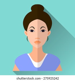 Blue flat style square shaped female character icon with shadow. Illustration of an attractive asian young woman or a teenage girl with black hair and bobtail hairdo wearing a simple blue shirt.