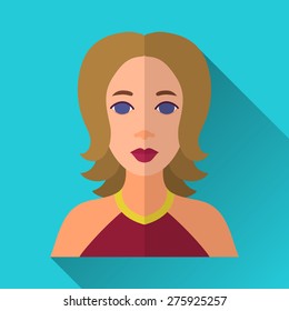 Blue flat style square shaped female character icon with shadow. Illustration of young woman with brown middle lenght hair wearing red dress.