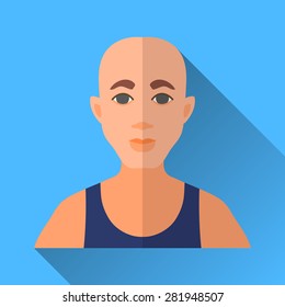 Blue flat style square shaped male character icon with shadow. Illustration of a bald man wearing a blue sleeveless sports shirt.