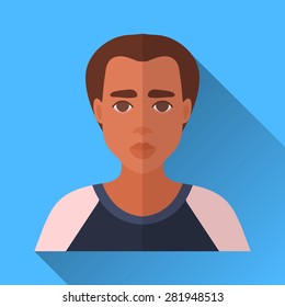 Blue flat style square shaped male character icon with shadow. Illustration of a young african american man in black and white shirt.