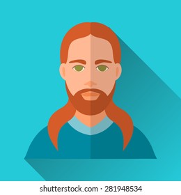 Blue flat style square shaped male character icon with shadow. Illustration of a brutal ginger long-haired man with beard and moustache.