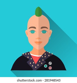Blue flat style square shaped male character icon with shadow. Illustration of a young punk man with green mohawk and piercing wearing a black leather jacket with rivetes.