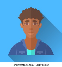 Blue flat style square shaped male character icon with shadow. Illustration of a young african american man with curly brown hair wearing a blue denim jacket and a shirt .