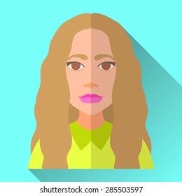 Blue flat style square shaped female character icon with shadow. Illustration of an attractive fashionable young woman with very long brown curly hair wearing a bright green shirt.