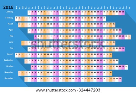 Blue flat styled linear calendar 2016 with long shadow