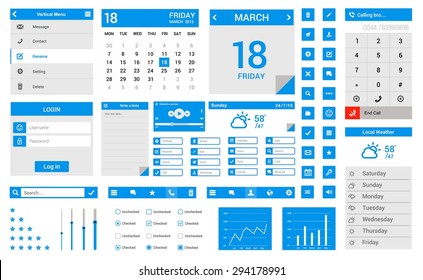 Blue Flat Ui Kit - Flat Design Mobile Web Ui Elements: Icons, Web Forms, Button, Weather, Check Box, Calendar, Menu, Day, Icon, Dial, Login, Note, Media, Player, Radio Button, Switch Button Etc