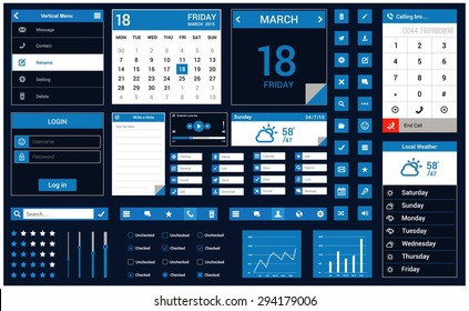 Blue Flat ui kit - flat design mobile web ui elements: Icons, web forms, button, weather, check box, calendar, menu, day, icon, dial, login, note, media, player, radio button, switch button etc