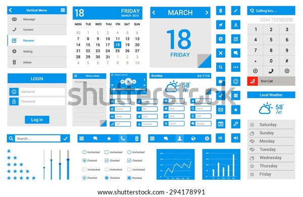 Blue Flat Uiキット フラットデザインのモバイルウェブ Uiエレメント アイコン ウェブフォーム ボタン 天気 チェックボックス カレンダー メニュー 日 アイコン ダイヤル ログイン メモ メディア プレーヤー ラジオボタン スイッチボタンなど の