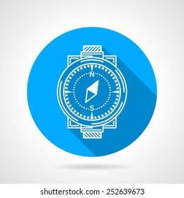 Blue flat vector icon with white line compass on gray background with long shadow.