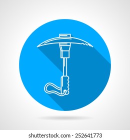 Blue flat vector icon with white line rock climbing ice axe with long shadow.