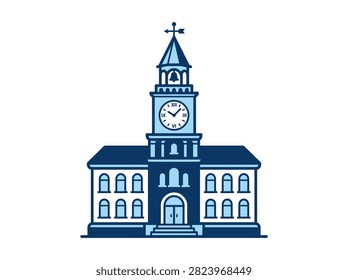 Blue Flat Vector Illustration of a Government Building Courthouse and Clock Tower