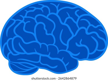 Vetor plano azul ilustração do cérebro humano vista lateral. Ícone de visão lateral simples do cérebro para uso médico, educacional e científico.