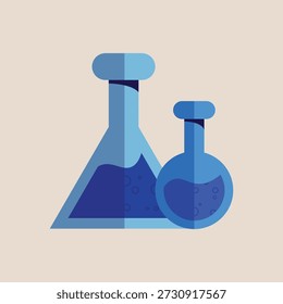 Blue Flat Vector Illustration of Laboratory Glassware Erlenmeyer Flask and Round Bottom Boiling Flask with Bubbling Liquid for Science, Chemistry, Medical Research, and Education Design