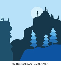 blue flat vector illustration of natural scenery with Christmas theme, fir tree elements