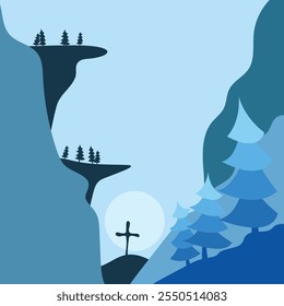 blue flat vector illustration of natural scenery with Christmas theme, fir tree elements
