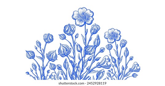 Blue flax flower, linen seed, farm harvest. Floral vector background. Botanical detailed vintage sketch for food design, organic cosmetic, omega oil. Beautiful garden