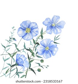 Blue flax flowers with delicate petals and green small leaves vector illustration in watercolor style isolated on white background. Gentle blue flax flowers corner illustration.