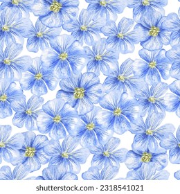 Blue flax flowers with delicate petals vector seamless pattern in watercolor style isolated on white background. Gentle blue flax flowers illustration.