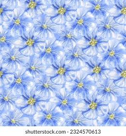Blue flax flowers with delicate petals vector seamless pattern in watercolor style isolated on white background. Gentle blue flax flowers illustration.