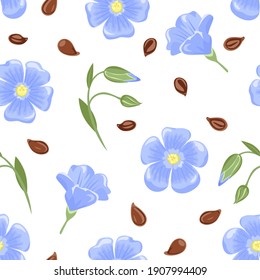 Blue flax flowers and seeds seamless pattern. Floral botanical background. Vector plant illustration in cartoon flat style.