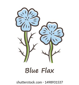 Blue flax plant color icon. Linen wild flower with name inscription. Spring blossom. Blooming linum wildflower inflorescence. Isolated vector illustration