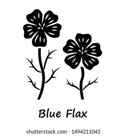 Blue flax plant glyph icon. Linen wild flower with name inscription. Spring blossom. Blooming linum wildflower inflorescence. Silhouette symbol. Negative space. Vector isolated illustration