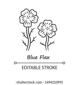 Blue flax plant linear icon. Thin line illustration. Linen wild flower with name inscription. Spring blossom. Blooming linum wildflower inflorescence. Vector isolated outline drawing. Editable stroke