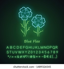 Blue flax plant neon light icon. Linen wild flower with name inscription. Spring blossom. Blooming linum wildflower inflorescence. Glowing sign with alphabet, numbers. Vector isolated illustration