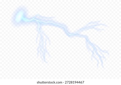 Blauer flackernder Blitz. Realistische Wirkung der hellen elektrischen Entladung des blauen Blitzes einzeln auf hellkariertem Hintergrund. Leuchtender Vektorblitzeffekt oder Gewitter.