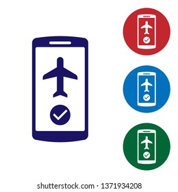 Blue Flight mode in the mobile phone icon isolated on white background. Airplane or aeroplane flight offline mode passenger regulation airline . Set color icon in circle buttons. Vector Illustration