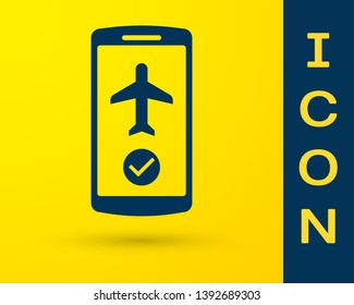 Blue Flight mode in the mobile phone icon isolated on yellow background. Airplane or aeroplane flight offline mode passenger regulation airline . Vector Illustration