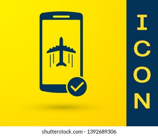 Blue Flight mode in the mobile phone icon isolated on yellow background. Airplane or aeroplane flight offline mode passenger regulation airline . Vector Illustration