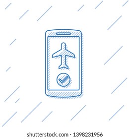 Blue Flight mode in the mobile phone line icon isolated on white background. Airplane or aeroplane flight offline mode passenger regulation airline . Vector Illustration