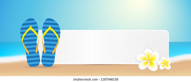 blue flip flops in summer on the beach with frangipani flowers and space for your message vector illustration EPS10