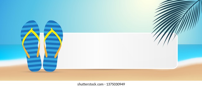 blue flip flops in summer on the beach with palm leaf and space for your message vector illustration EPS10
