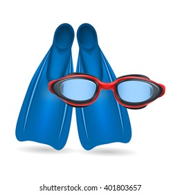 Blue flippers and red swimming glasses isolated on white background. Realistic vector illustration.